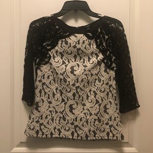 Ann Taylor Black Cream Lace 3/4 Sleeves Blouse PXS